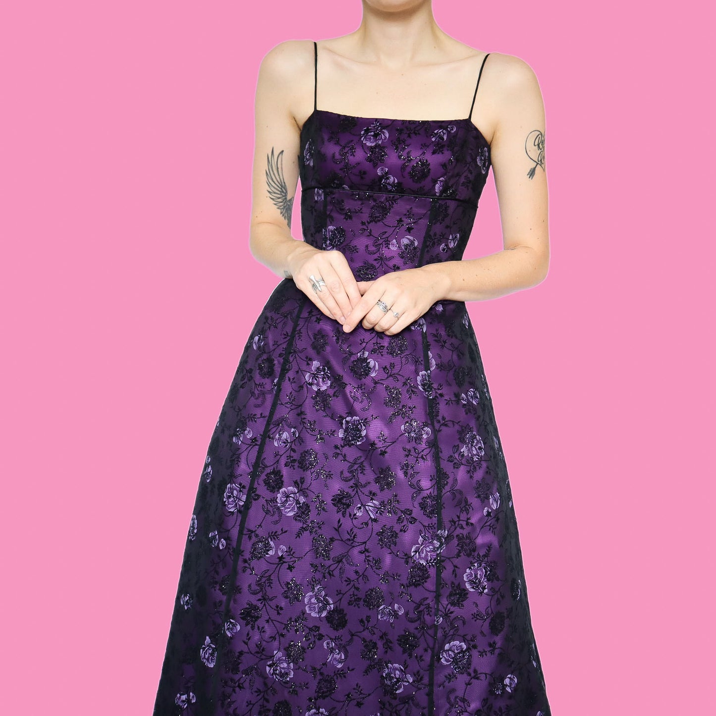 Purple glittery floral a line prom dress UK 8