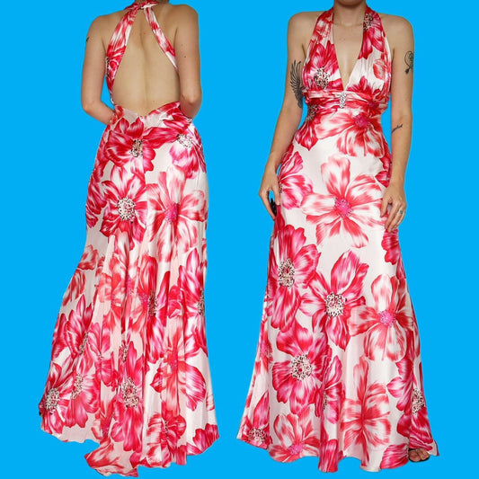 Beautiful white/pink floral satin evening dress UK 12