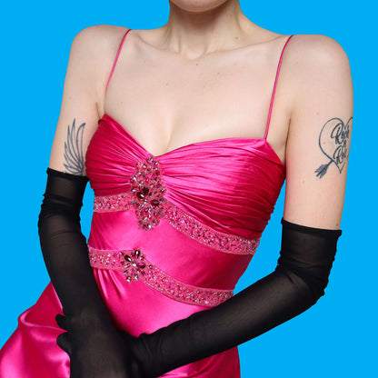 Pink satin beaded evening dress UK 10