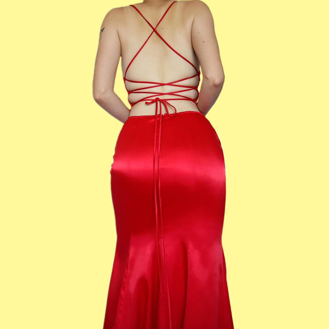 Red beaded open back evening dress UK 8