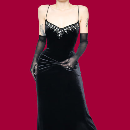 Black velvet gem detail evening dress UK 14