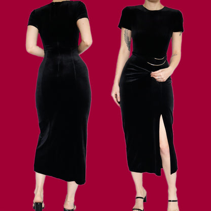 Super chic black velvet stretch midi dress UK 14