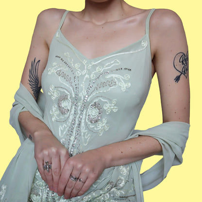 Green 100% silk midi dress & shawl UK 14