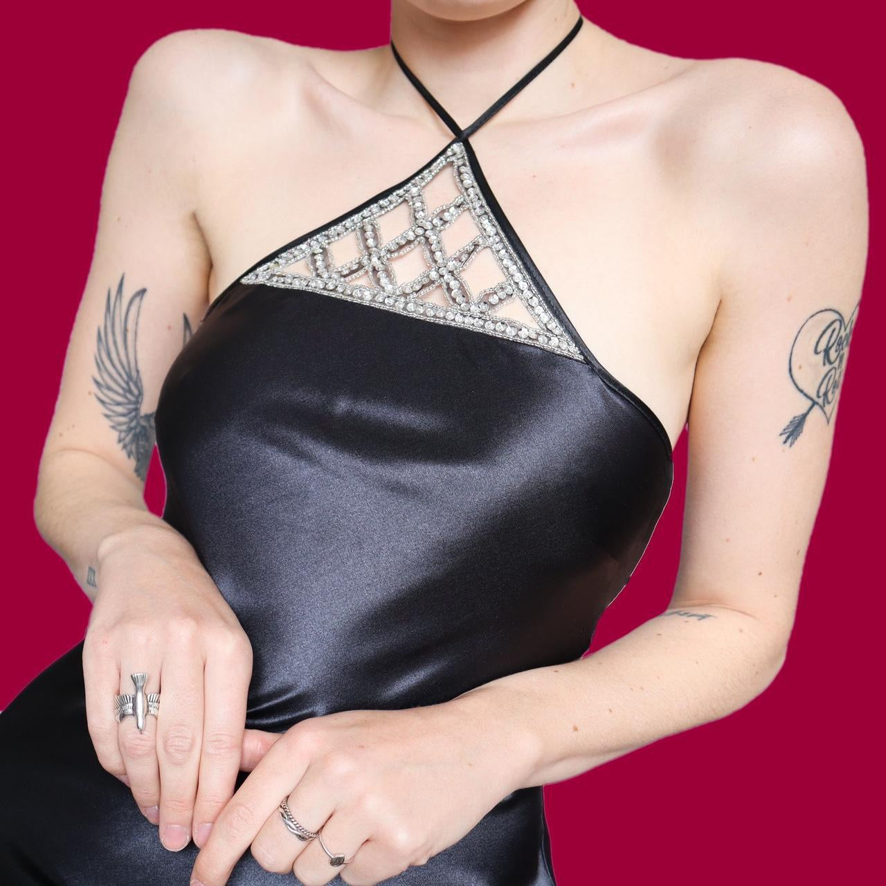 Silky black diamanté midi party dress UK 10-12