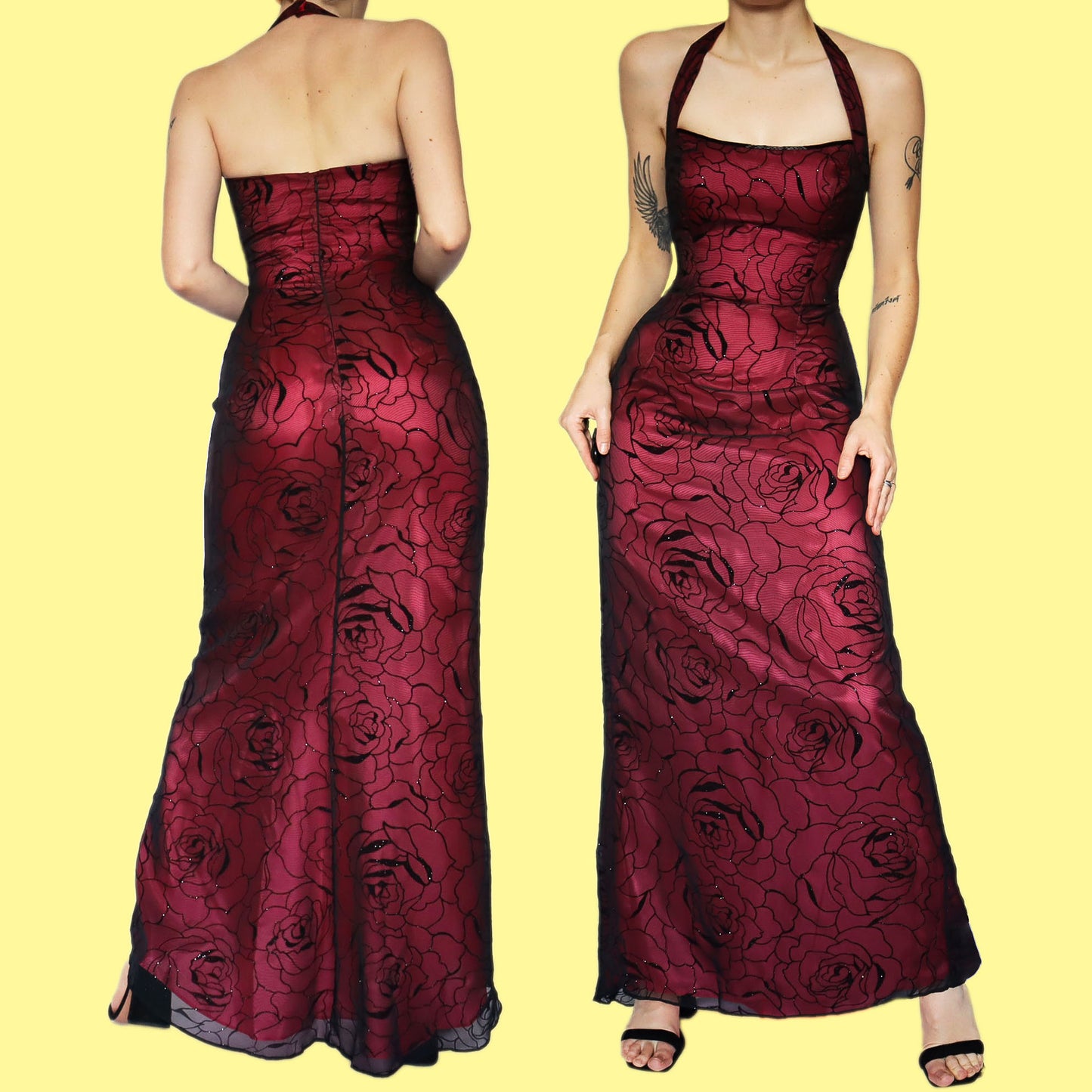 Red glittery floral halter neck evening dress UK 10
