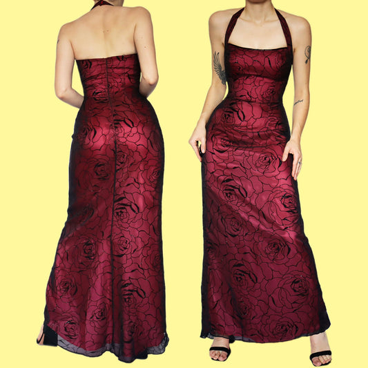 Red glittery floral halter neck evening dress UK 10